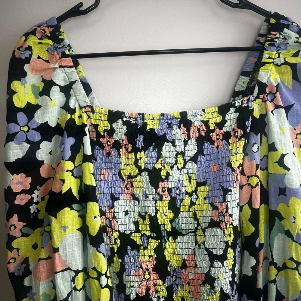 Free People Ariana Floral Retro Combo Balloon Sleeve Smocked Blouse Size Large